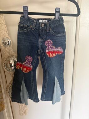 Kids Dark Blue Denim Flared Jeans with Purple & Red Patchwork - Brand:
